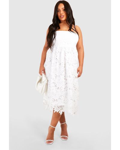Boohoo Plus Premium Lace Strappy Midi Skater Dress - White