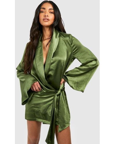 Boohoo Satin Wrap Shirt Dress - Green