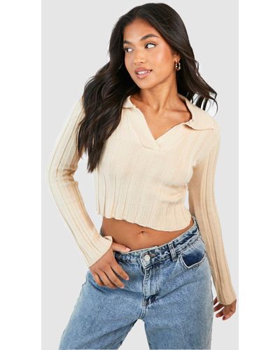 Boohoo Petite Ribbed Knitted Collared Sweater - White