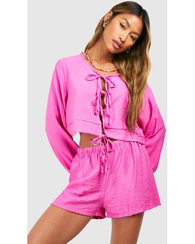 Boohoo Textured Linen Look Volume Sleeve Blouse & Flippy Shorts - Pink