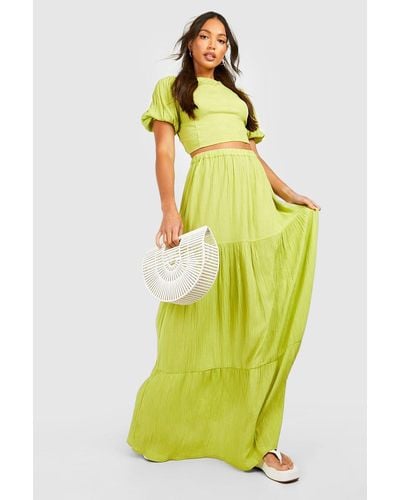 Boohoo Tall Crinkle Tie Detail Crop And Maxi Skirt Set - Yellow