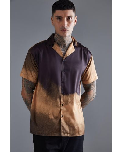 BoohooMAN Short Sleeve Oversized Ombre Satin Shirt - Brown