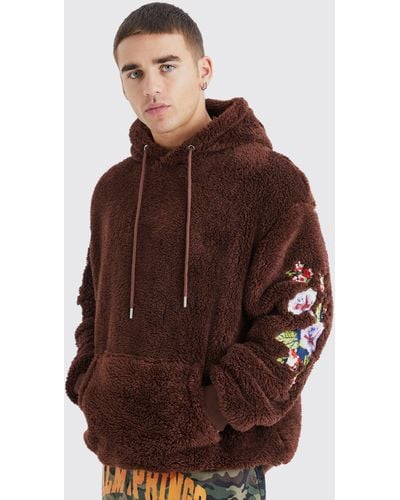 Boohoo Oversized Borg Hoodie With Floral Embroidery - Brown
