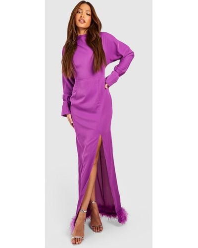 Boohoo Tall Split Side Fluffy Feather Trim Maxi Dress - Purple