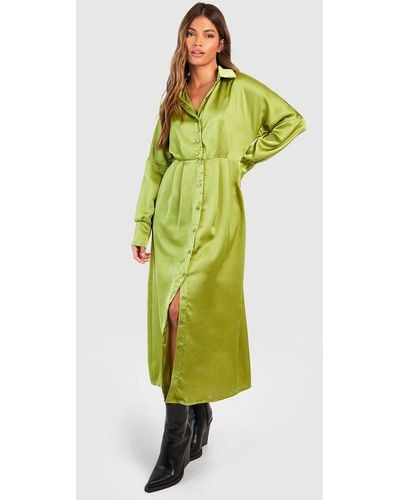 Boohoo Satin Pleat Front Midaxi Shirt Dress - Green