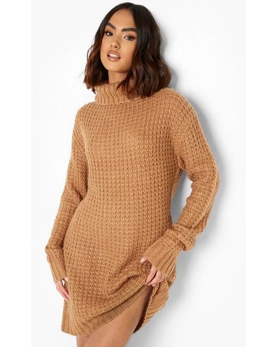 Boohoo Roll Neck Fisherman Sweater Dress - Brown