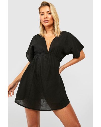 Boohoo Cotton Flutter Sleeves Plunge Beach Dress - Black