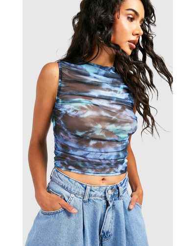 Boohoo Tie Dye Marble Ruched Sleeveless Tank Top - Blue
