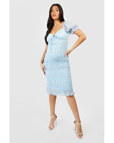 Boohoo Maternity Ditsy Shirred Midi Dress - Blue