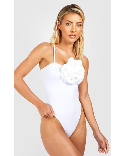 Boohoo Rose Corsage Strappy Bathing Suit - White