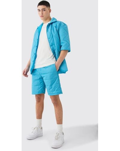BoohooMAN Quilted Square Shirt And Short Set - Blue