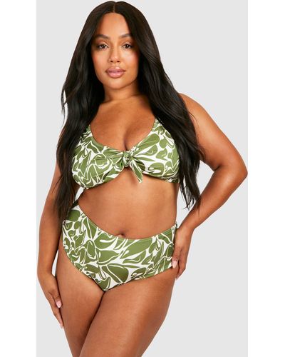 Boohoo Plus Abstract Tie Front High Waisted Bikini - Green