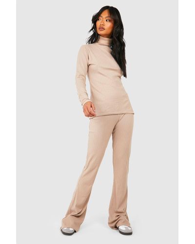 Boohoo Rib Knit Roll Neck Split Hem Top And Trouser Co-ord - Natural