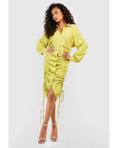 Boohoo Ruched Linen Midi Shirt Dress - Yellow