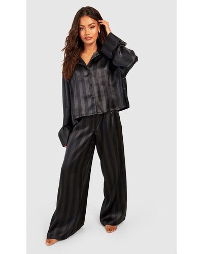 Boohoo Oversized Crop Stripe Pajama Set - Black