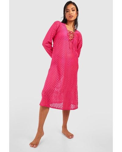 Boohoo Petite Lace Up Crochet Beach Midi Dress - Pink