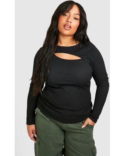 Boohoo Plus Textured Keyhole Ruched Top - Black