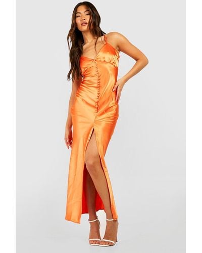 Boohoo Satin Button Down Maxi Slip Dress - Orange