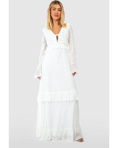 Boohoo Lace Shirred Ruffle Maxi Dress - White