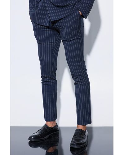 BoohooMAN Skinny Fit Pinstripe Double Breasted Blazer - Blue