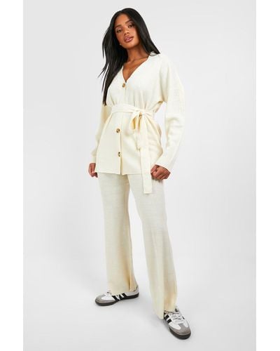 Boohoo Slouchy Belted Cardigan And Wide Leg Knit Set - Natural