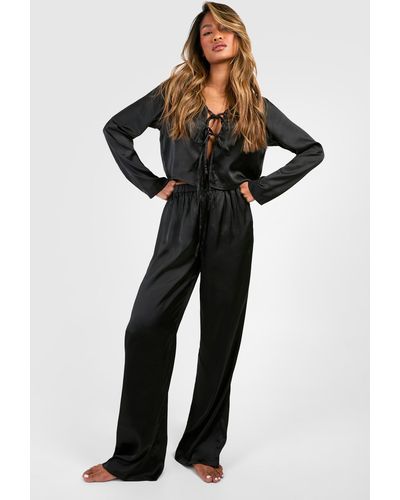 Boohoo Tie Front Satin Trouser Pajama Set - Black
