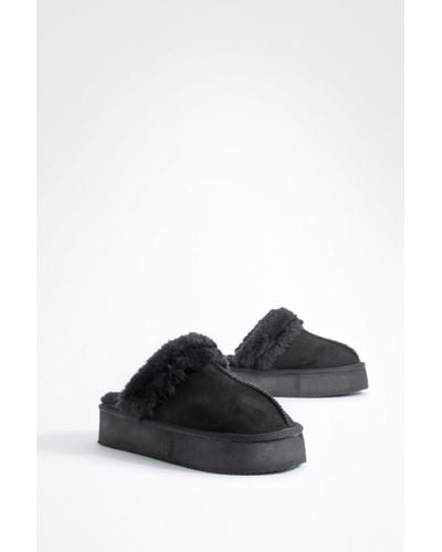 Boohoo Fur Lined Platform Slip On Cozy Mules - Black