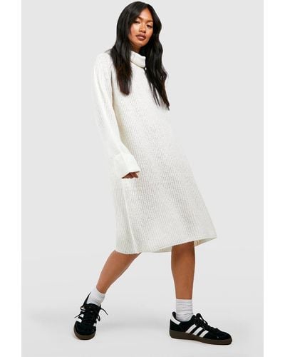 Boohoo Turn Up Cuff Roll Neck Mini Sweater Dress - White