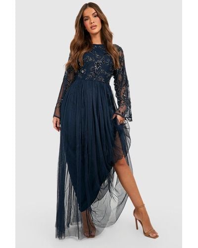 Boohoo Bridesmaid Hand Embellished Long Sleeve Maxi Dress - Blue