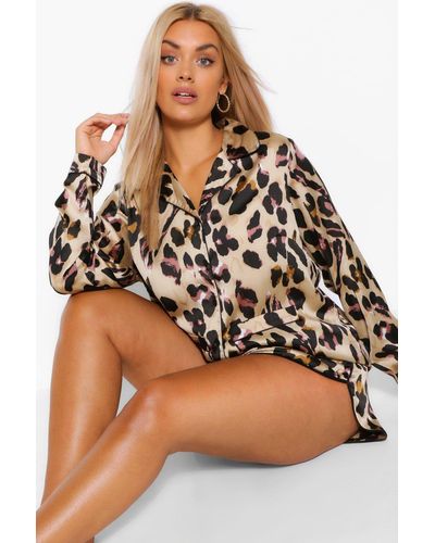 Boohoo Plus Leopard Print Long Sleeve Shirt And Shorts Pajama Set - Brown