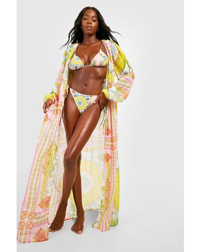 Boohoo Kimono Maxi Para La Playa Con Atadura Frontal Y Estampado Pañuelo - Naranja