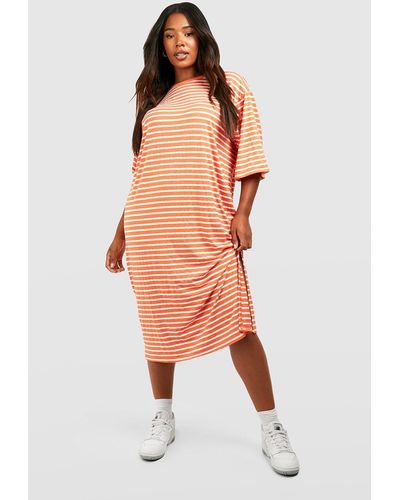 Boohoo Plus Jersey Knit Stripe Midi T-shirt Dress - Orange