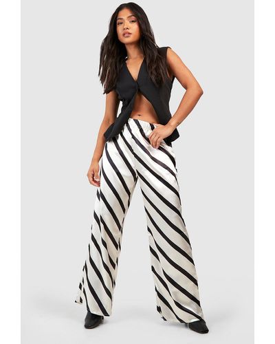 Boohoo Striped Satin Wide Leg Trousers in White Lyst