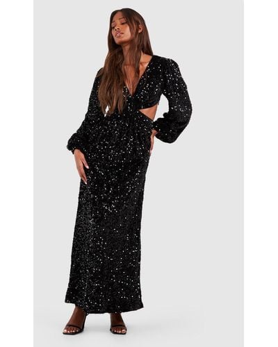 Boohoo Velvet Sequin Cut Out Maxi Dress - Black