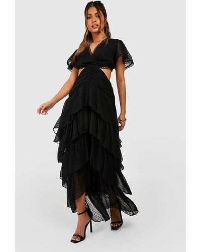 Boohoo Vestido Maxi De Dobby Con Volante Y Abertura - Negro