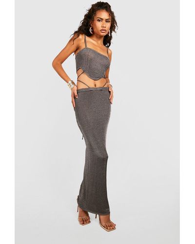 Boohoo Metallic Knitted Crop Corset Top And Maxi Skirt Set - Multicolor
