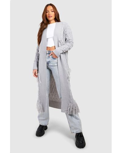 Boohoo Tall Fringe And Cable Detail Midaxi Cardigan - Grey