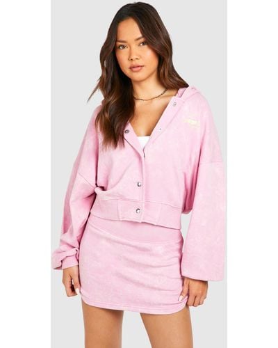 Boohoo Popper Detail Bomber Hoodie And Sweat Skirt Set - Pink