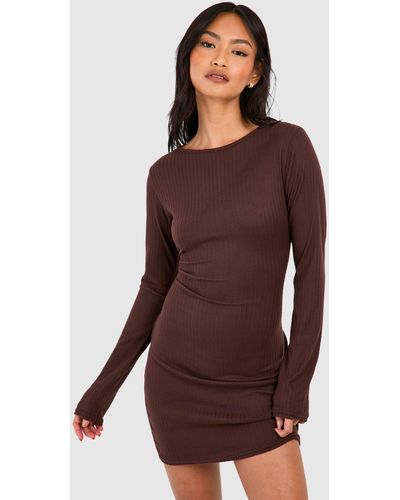 Boohoo Soft Rib Long Sleeve High Neck Mini Dress - Brown