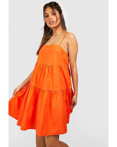 Boohoo Vestido Holgado Escalonado De Algodón Con Tirantes - Naranja
