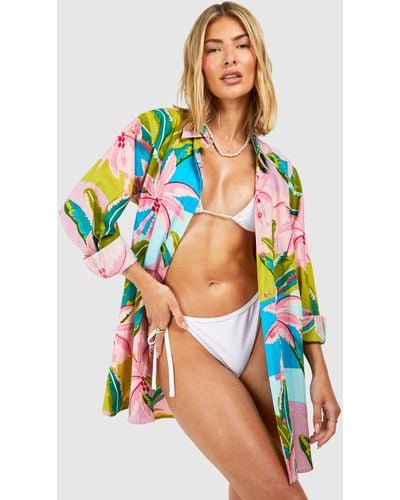 Boohoo Tropical Linen Look Beach Shirt - Rosa