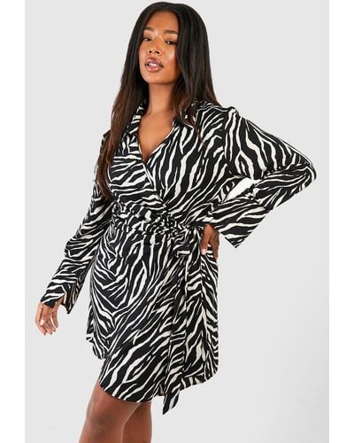 Boohoo Plus Zebra Print Wrapped Dress - Black