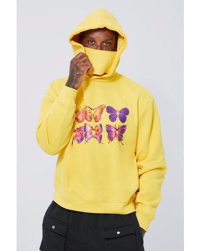 Boohoo Boxy Fit Graphic Hoodie With Snood - Yellow