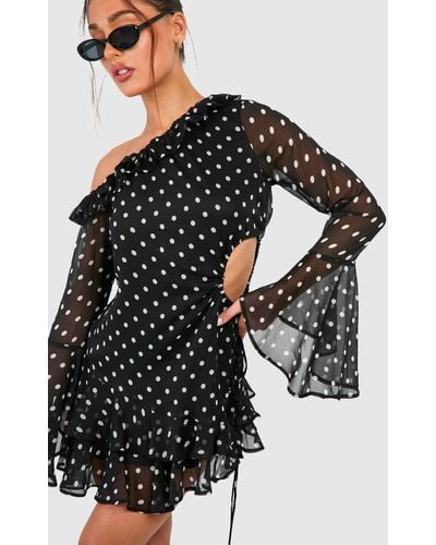 Boohoo Petite Polka Dot Chiffon Mini Dress - Black