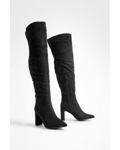 Boohoo Wide Fit Block Heel Thigh High Boots - Black