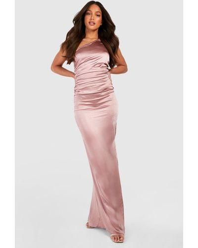 Boohoo Tall Bridesmaid Satin One Shoulder Ruched Maxi Dress - Pink