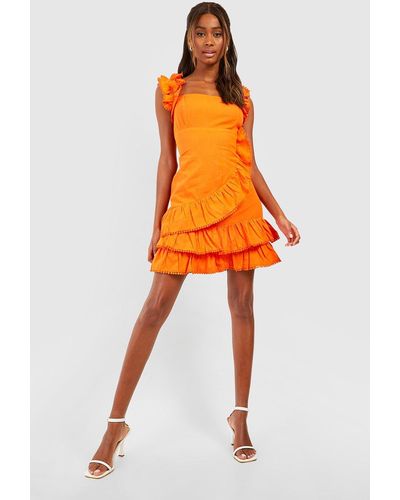 Boohoo Cotton Ruffle Skater Dress - Orange