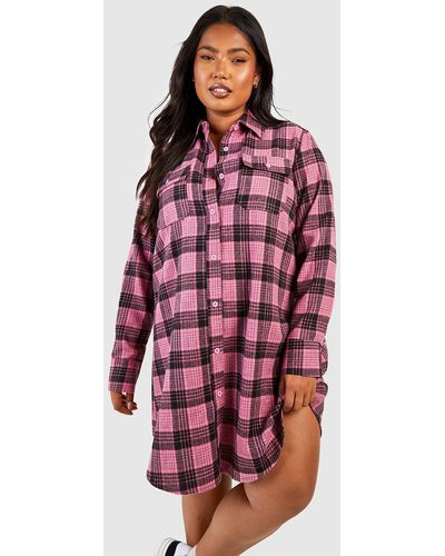 Boohoo Plus Brushed Flannel Long Sleeve Shirt Dress - Red
