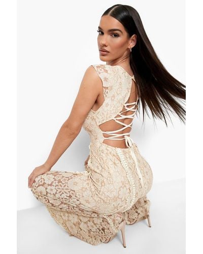 Boohoo Lace Strappy Back Jumpsuit - Natural