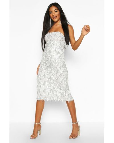 Boohoo Sequin Tassel Bandeau Midi Party Dress - White